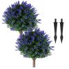 2 Packs Artificial Lavender Topiary Ball Trees UV Resistant Artificial Shrubs Fake Plants Evergreen Artificial Bush with Ground Spike for Indoor Outdo