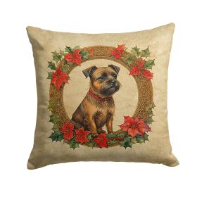 Border Terrier Christmas Flowers Throw Pillow Machine Washable, Indoor Outdoor Decorative Pillow for Couch, Bed or Patio, 14Hx14W