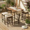 GO 5-Piece Outdoor Acacia Wood Bar Height Table And Four Stools With Cushions, Garden PE Rattan Wicker Dining Table, Foldable Tabletop